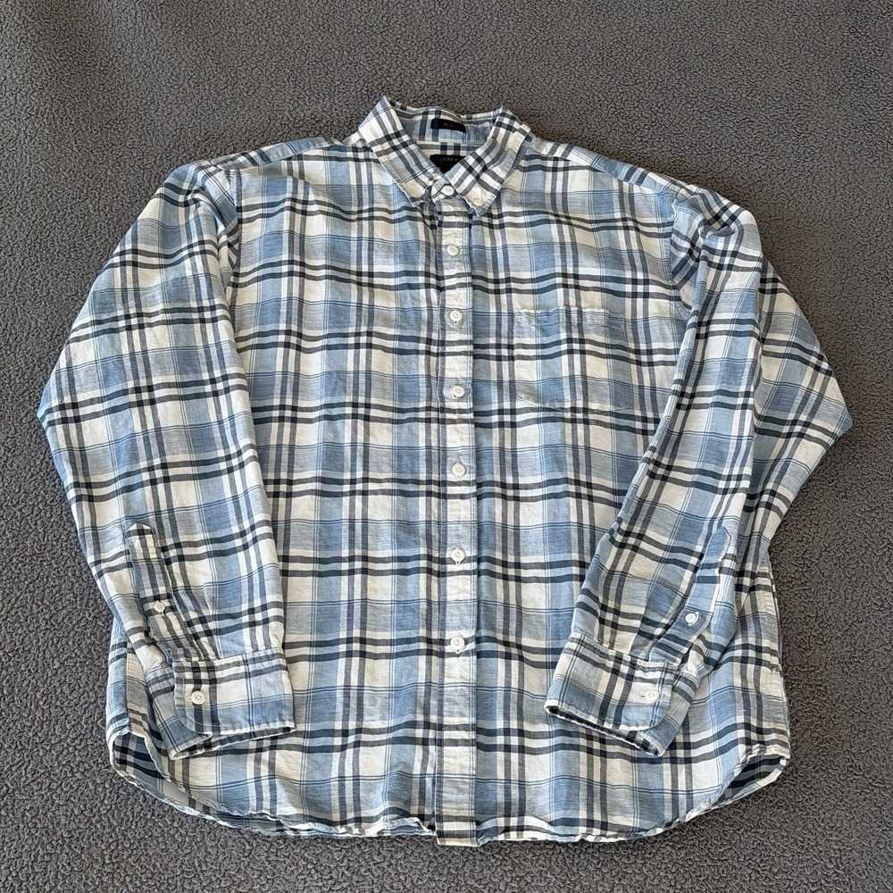 J Crew Irish Linen Slim Fit Button Up Long Sleeve Shirt Blue Plaid Men's Large